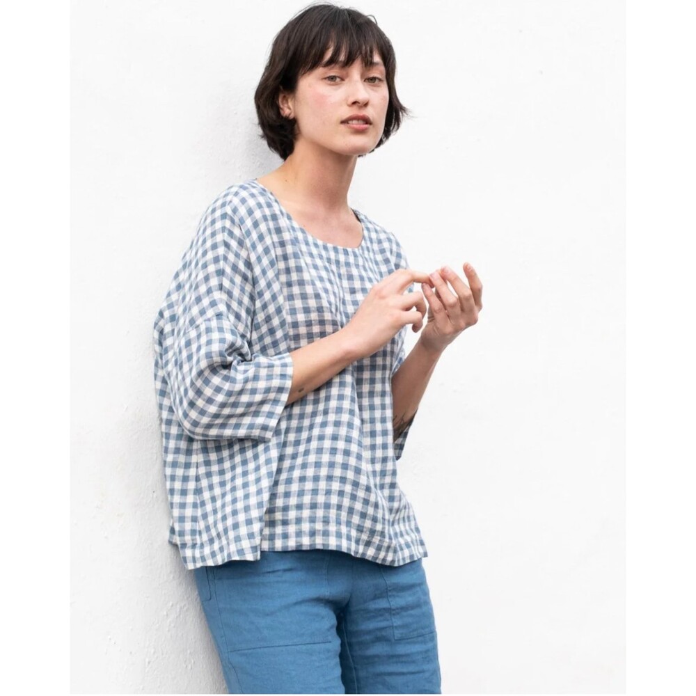 LIBERO Milano Checked Crew-Neck Top with 3/4 Sleeves. Size M